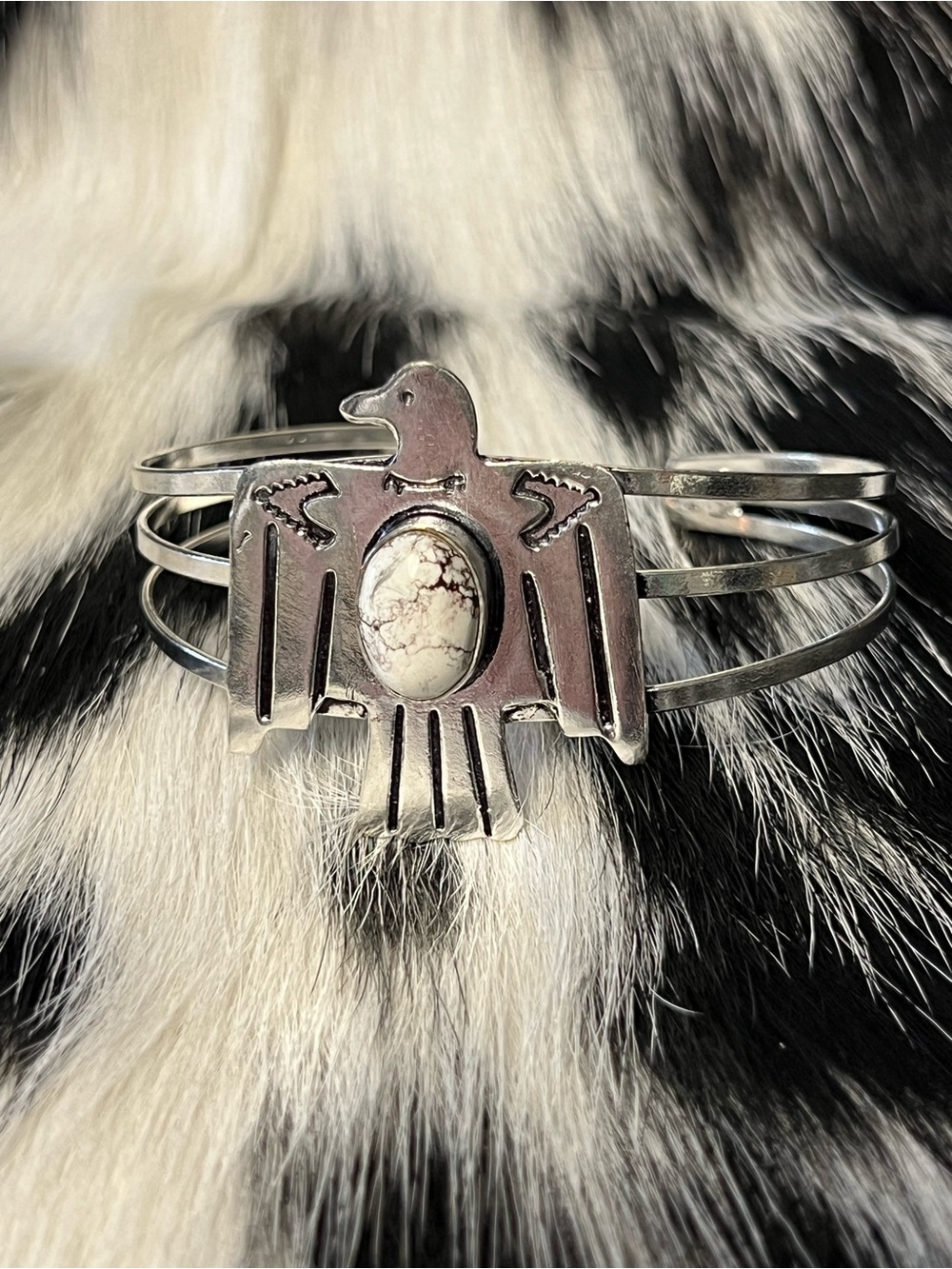 Non Native Sterling Silver Thunderbird Cuff Bracelet with White horse